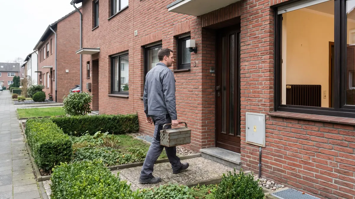 Heizungsfachkraft auf dem Weg zu einem Backstein-Doppelhaus – Mechernich