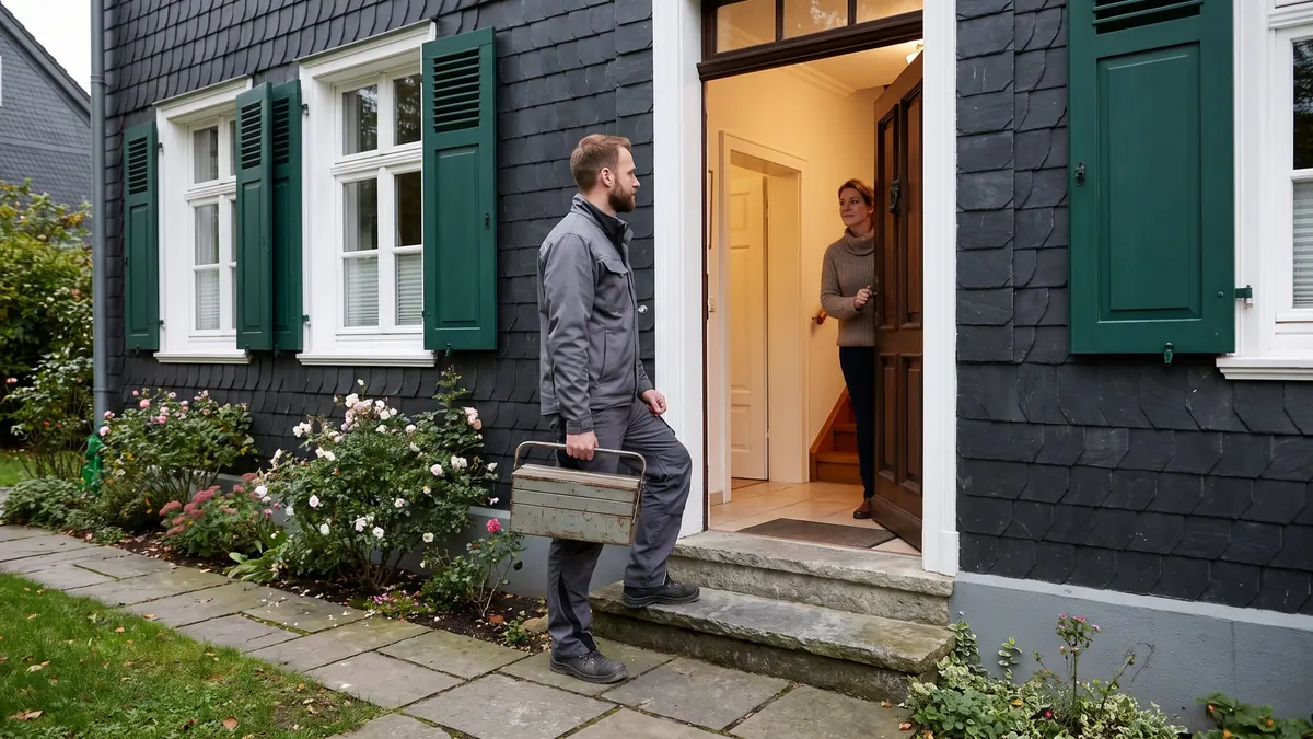 Heizungsfachkraft an der Haustür eines bergischen Schieferhauses mit grünen Fensterläden – Burscheid