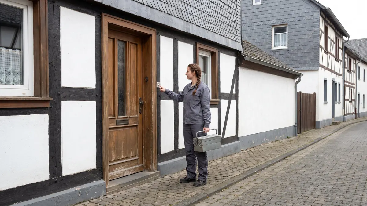 Heizungsfachkraft klingelt an der Haustür eines Fachwerkhauses – Windeck