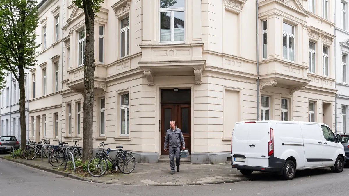 Heizungsfachkraft geht in einer Altbaustraße mit Stuckfassaden zur Haustür – Aachen