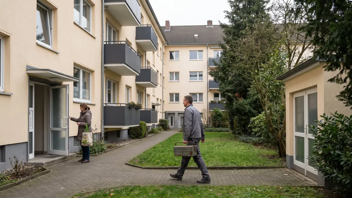 Heizungsfachkraft vor einem Mehrfamilienhaus mit Balkonen und grünem Hof – Wesseling