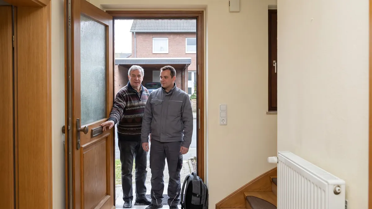 Hausbesitzer und Heizungsfachkraft an der Haustür eines Reihenhauses – Frechen