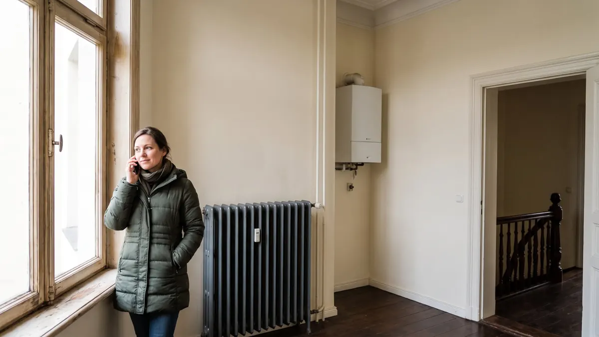 Mieterin telefoniert in einer kalten Altbauwohnung neben dem Heizkörper – Die Wohnung warm halten, wenn die Heizung steht