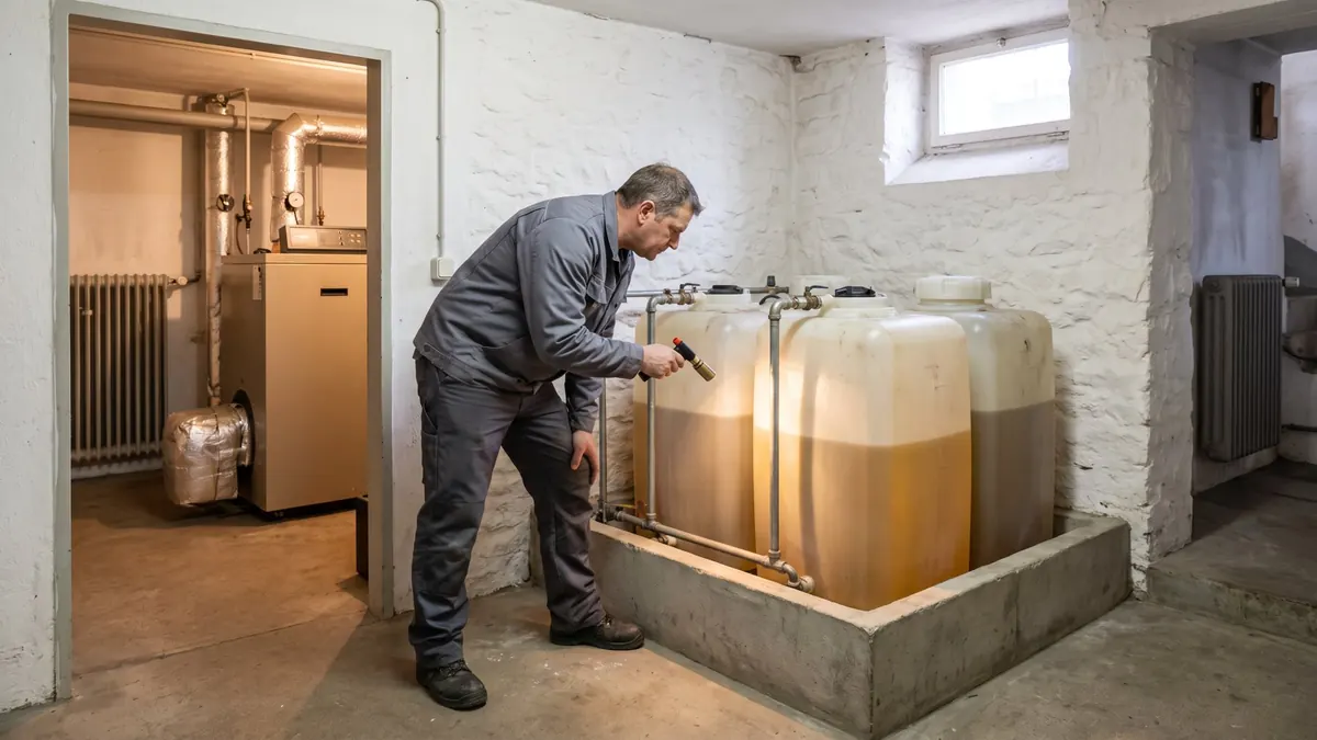 Fachkraft kontrolliert den Füllstand von Heizöltanks im Keller – Was Sie sofort tun und lassen sollten