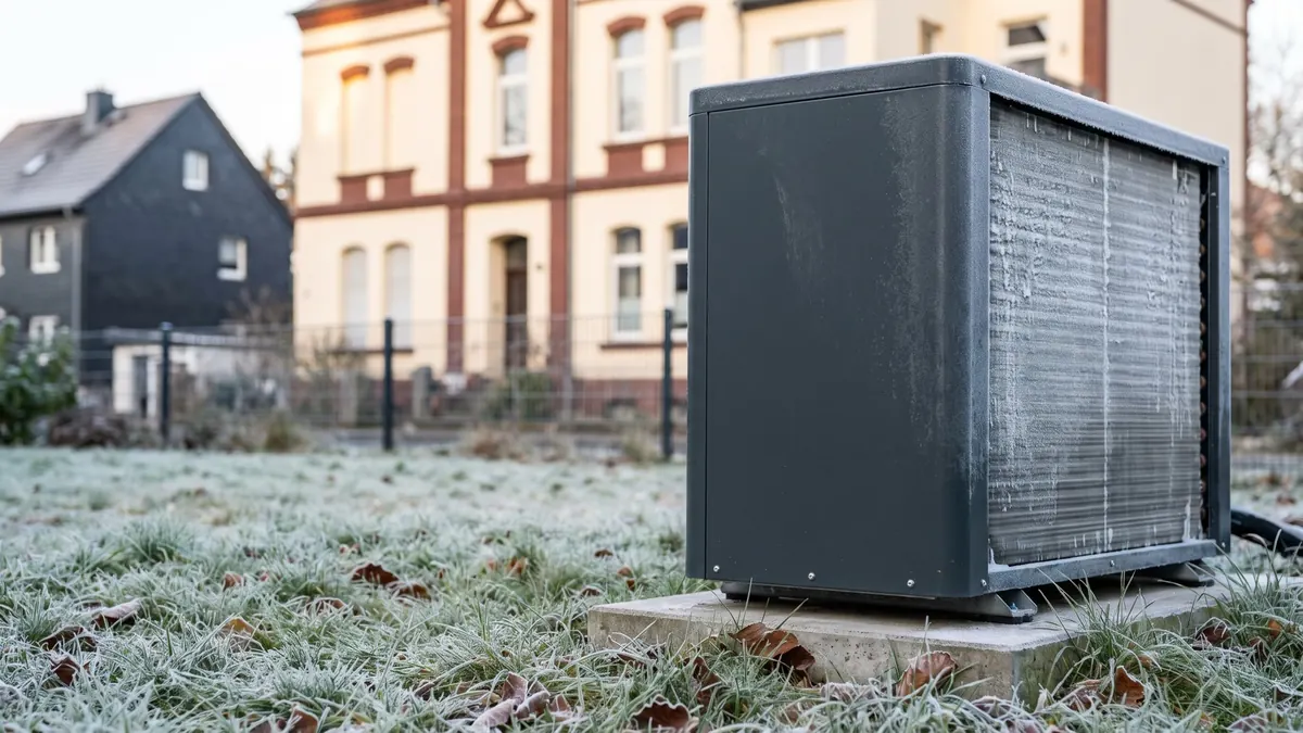 Vereiste Lamellen am Außengerät einer Wärmepumpe an einem Frostmorgen – Eis am Außengerät und Abtauvorgang