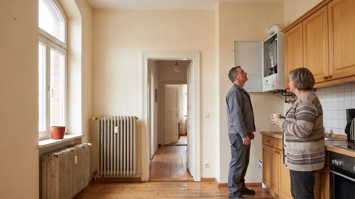 Heizungsfachkraft prüft die Gastherme in der Küche einer Altbauwohnung – Kalk, Temperatur und Hygiene im Warmwasser